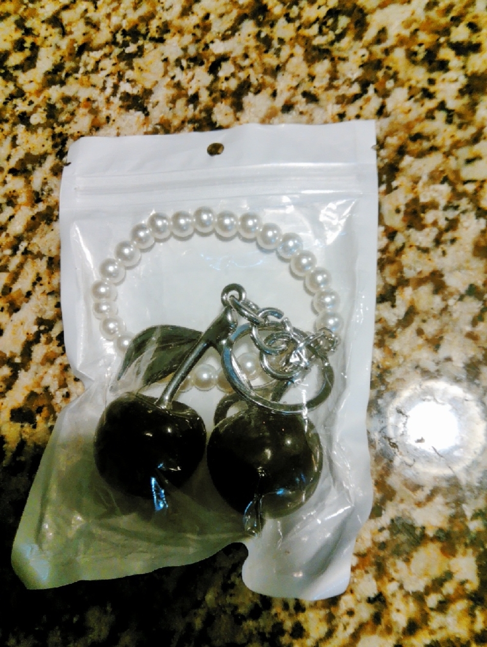 Pearl Beaded Wristlet Keychain with Black Cherry Charm